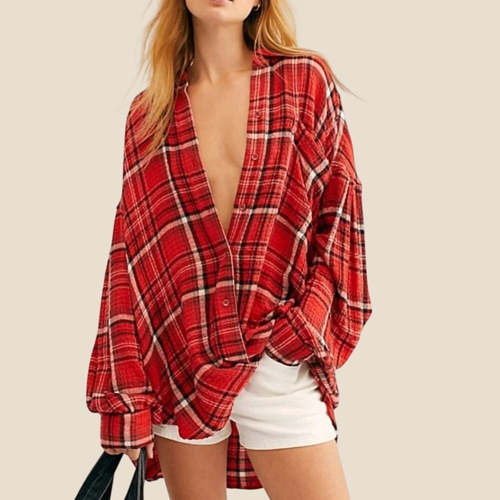 We The Free People Hidden Valley Plaid Shirt Women Small Red Oversized Studded